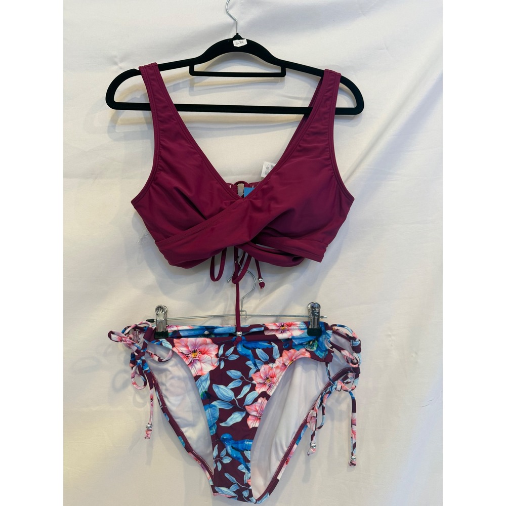 Cupshe Burgundy Floral Lace Up Side Tie Bikini Set ADL5024B Medium NEW